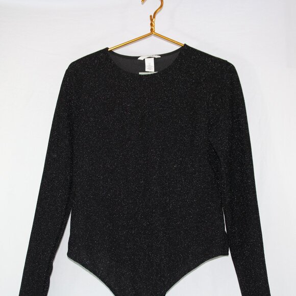 H&M Women's Black Sparkle Long Sleeve Bodysuit Size Large Snap Bottom NEW - Picture 2 of 9
